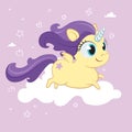 Cute unicorn pony cartoon. Yellow baby girl pony.